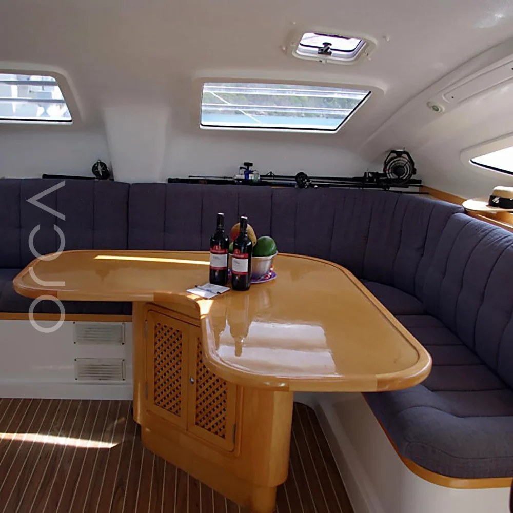 An Island Spirit 401 sailing catamaran in Mumbai, the main seating area, available to rent from Orca Sail.
