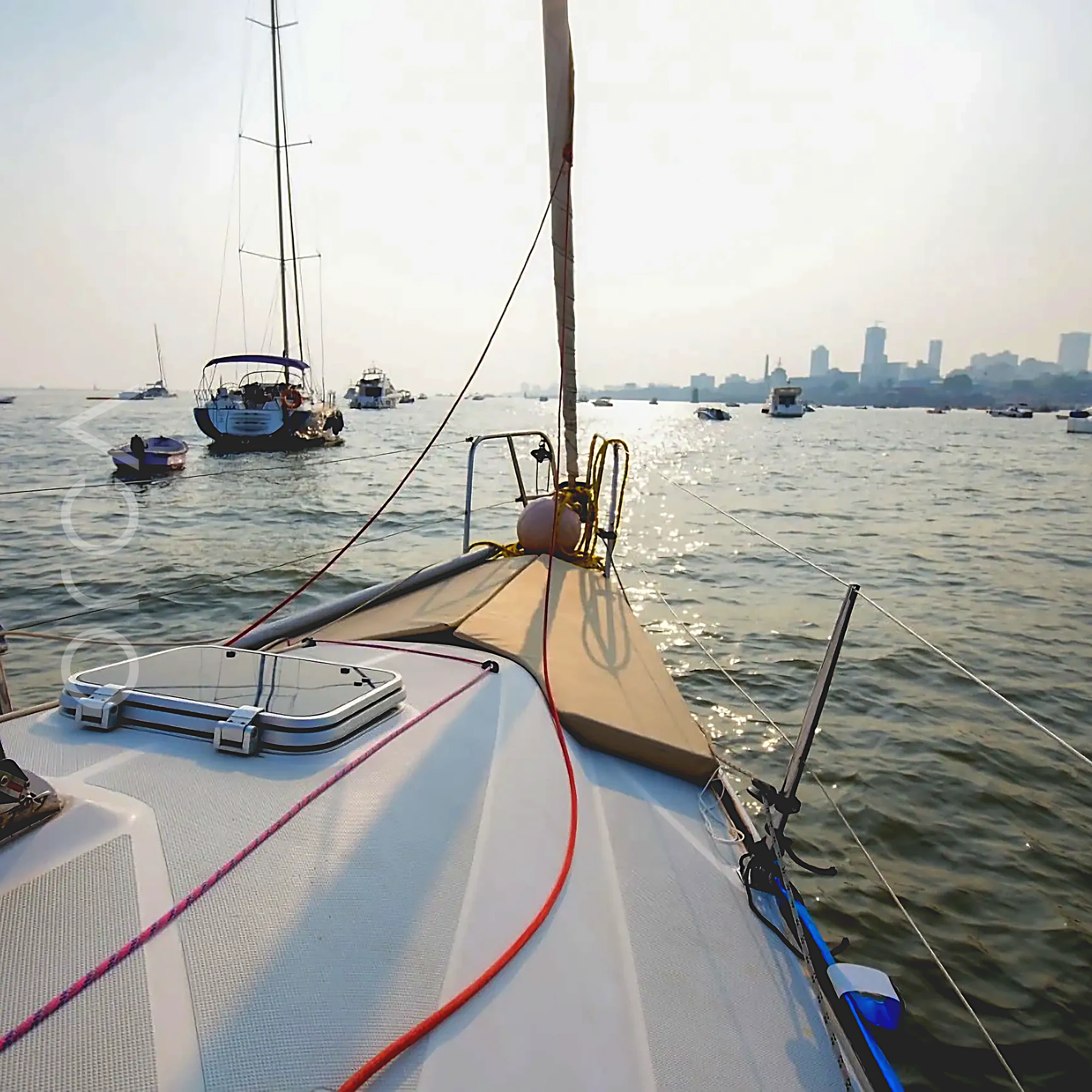 A Malbec 290 sailing yacht in Mumbai, sailing at sunset, available to rent from Orca Sail.
