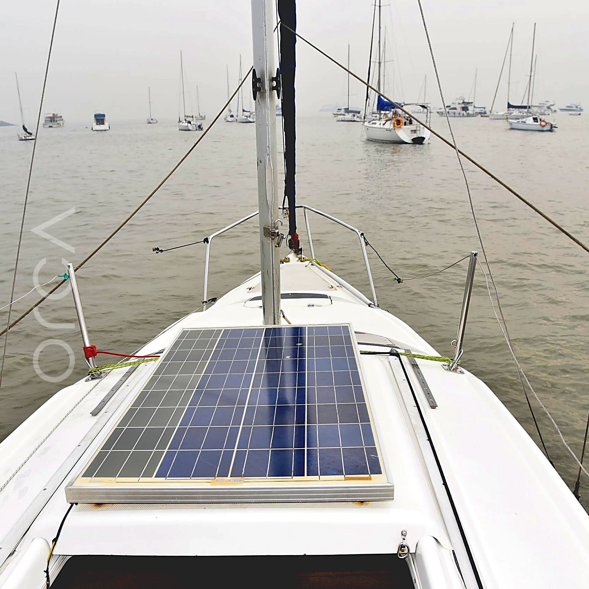 A Macgregor 26 sailboat in Mumbai, the foredeck, available to rent from Orca Sail.