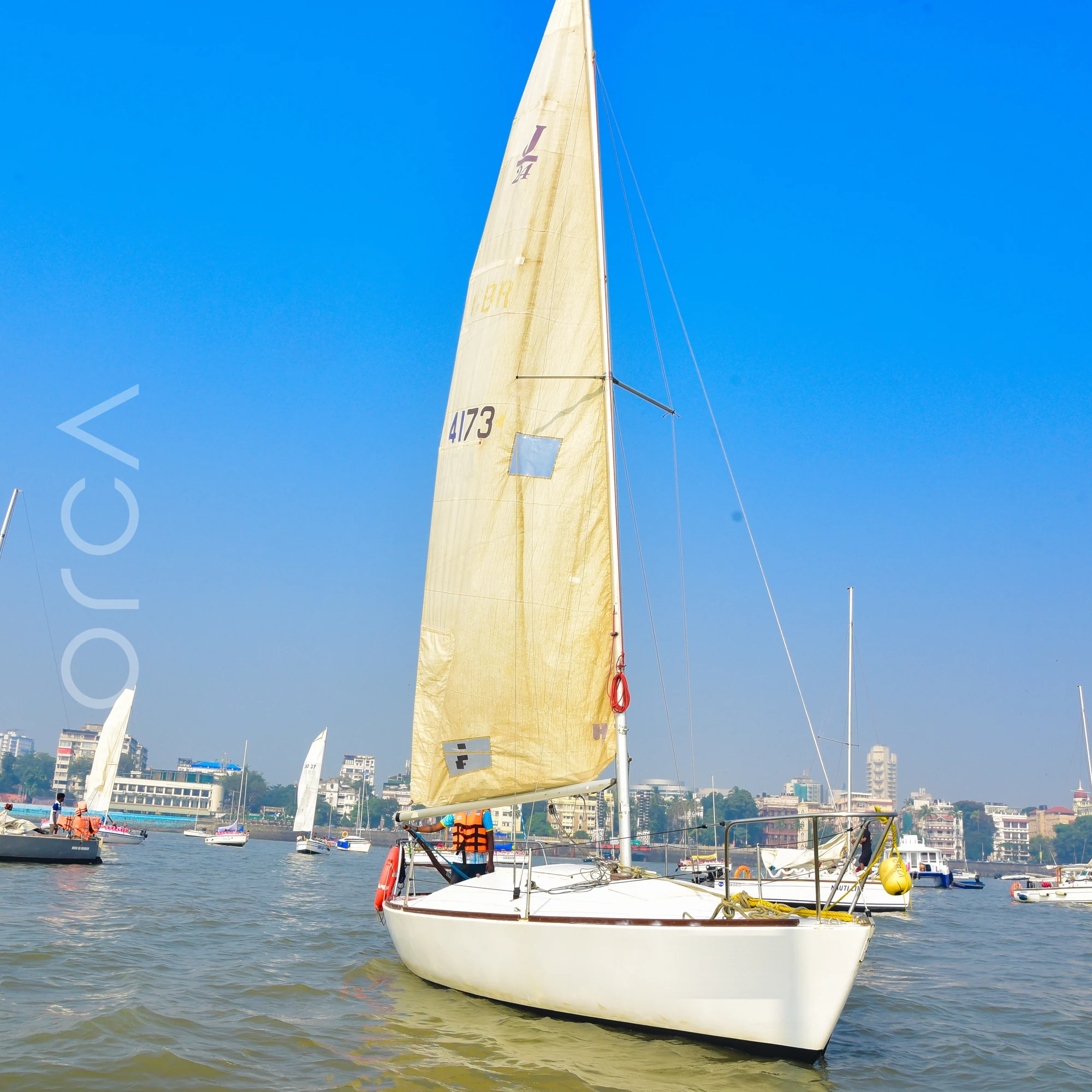 A J24 sailboat under sail in Mumbai harbour, available to rent from Orca Sail.