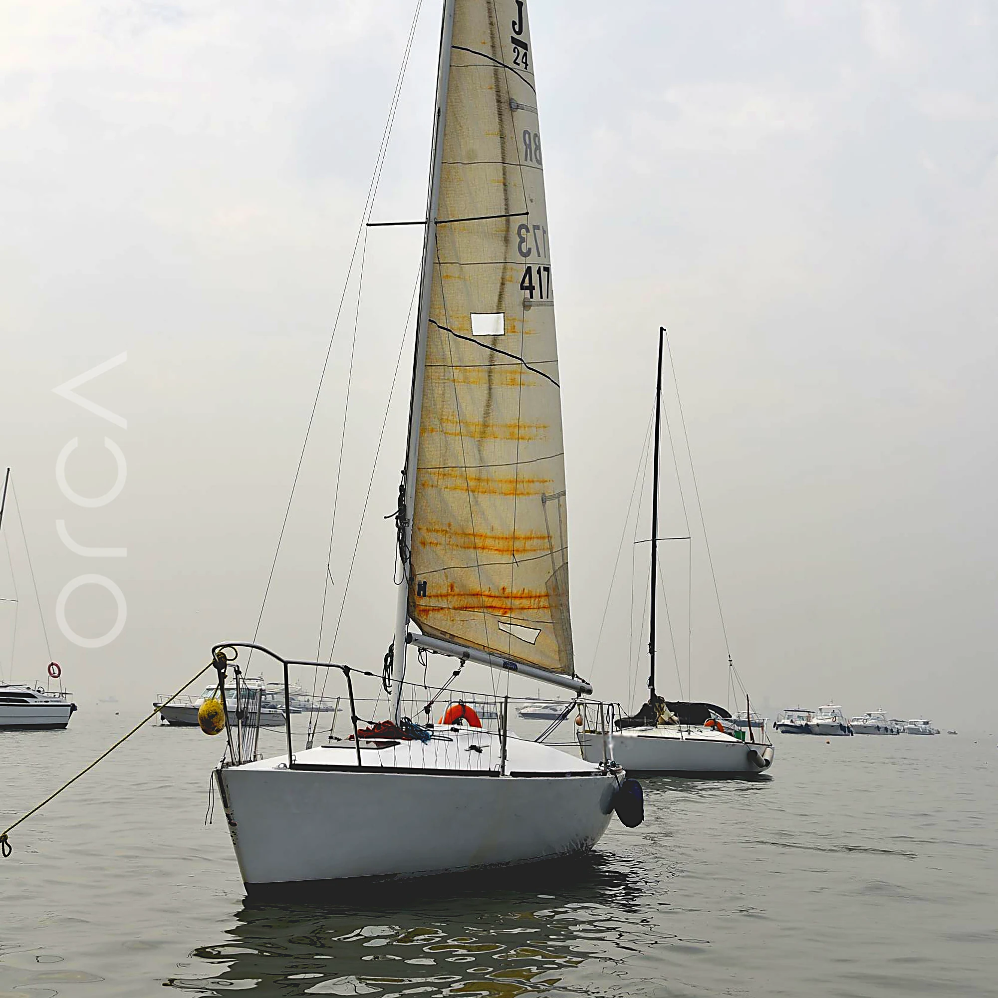 A J24 sailboat under sail in Mumbai harbour, available to rent from Orca Sail.