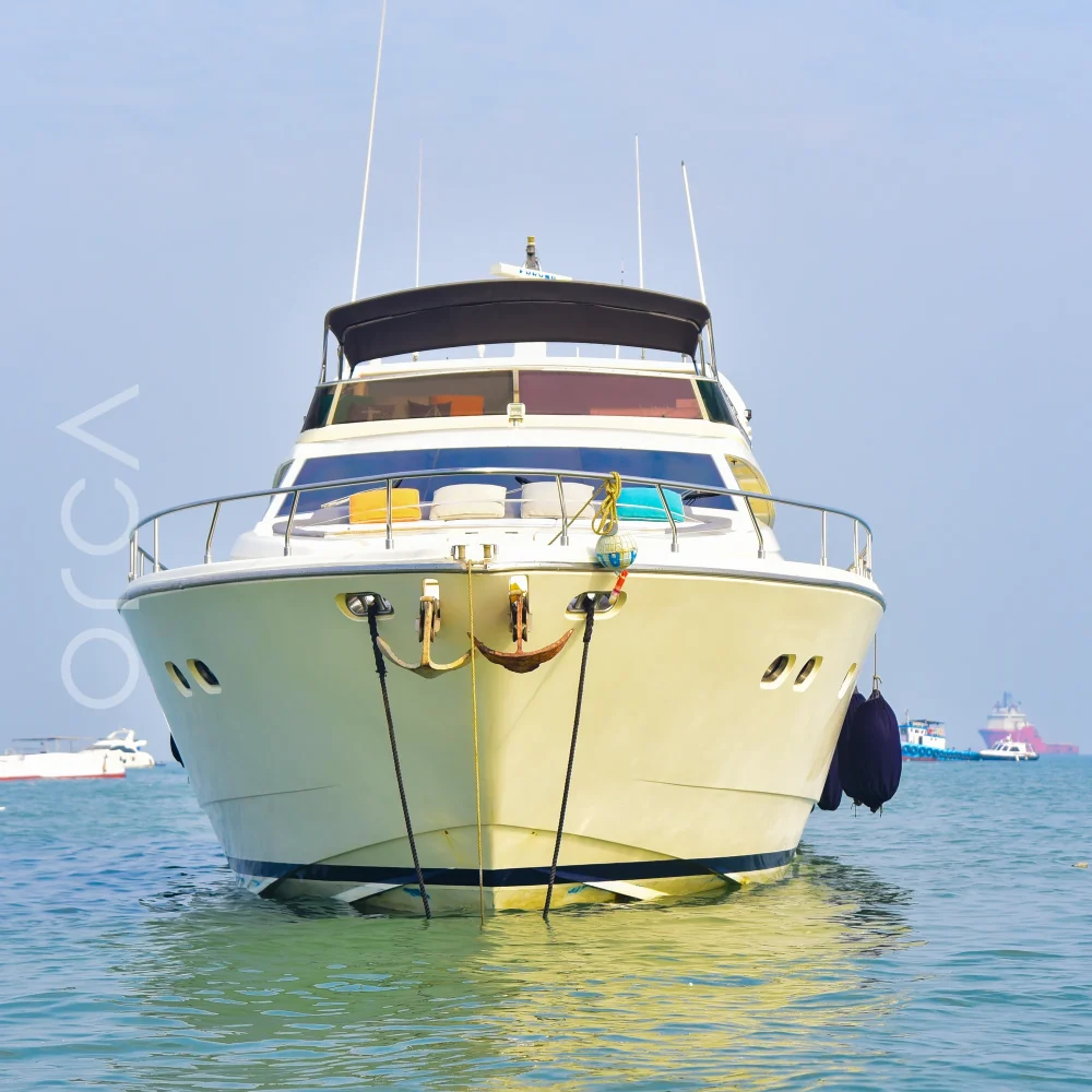 The Ferretti 88 luxury motor yacht on the water in Mumbai, available to rent from Orca Sail.