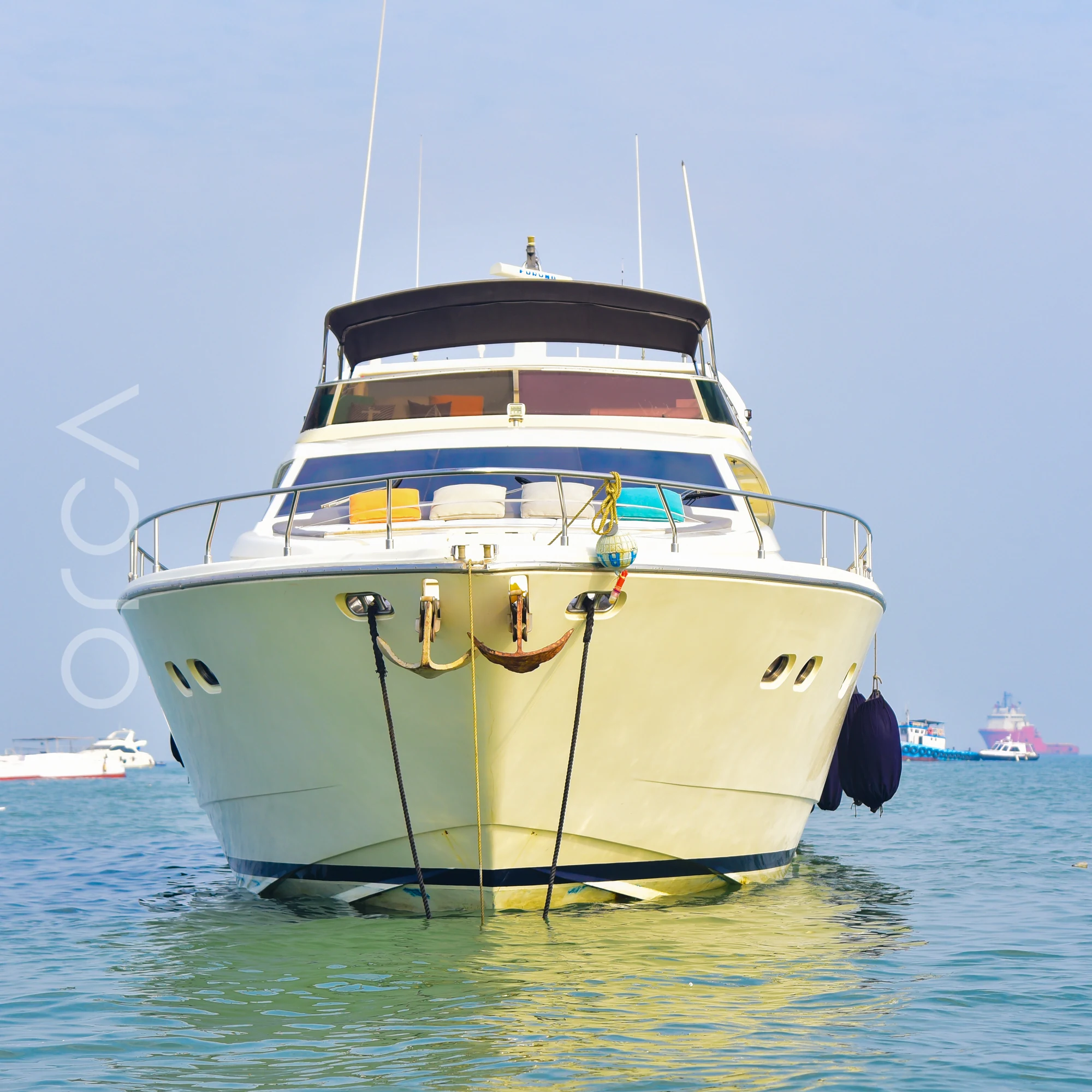 The Ferretti 88 luxury motor yacht on the water in Mumbai, available to rent from Orca Sail.