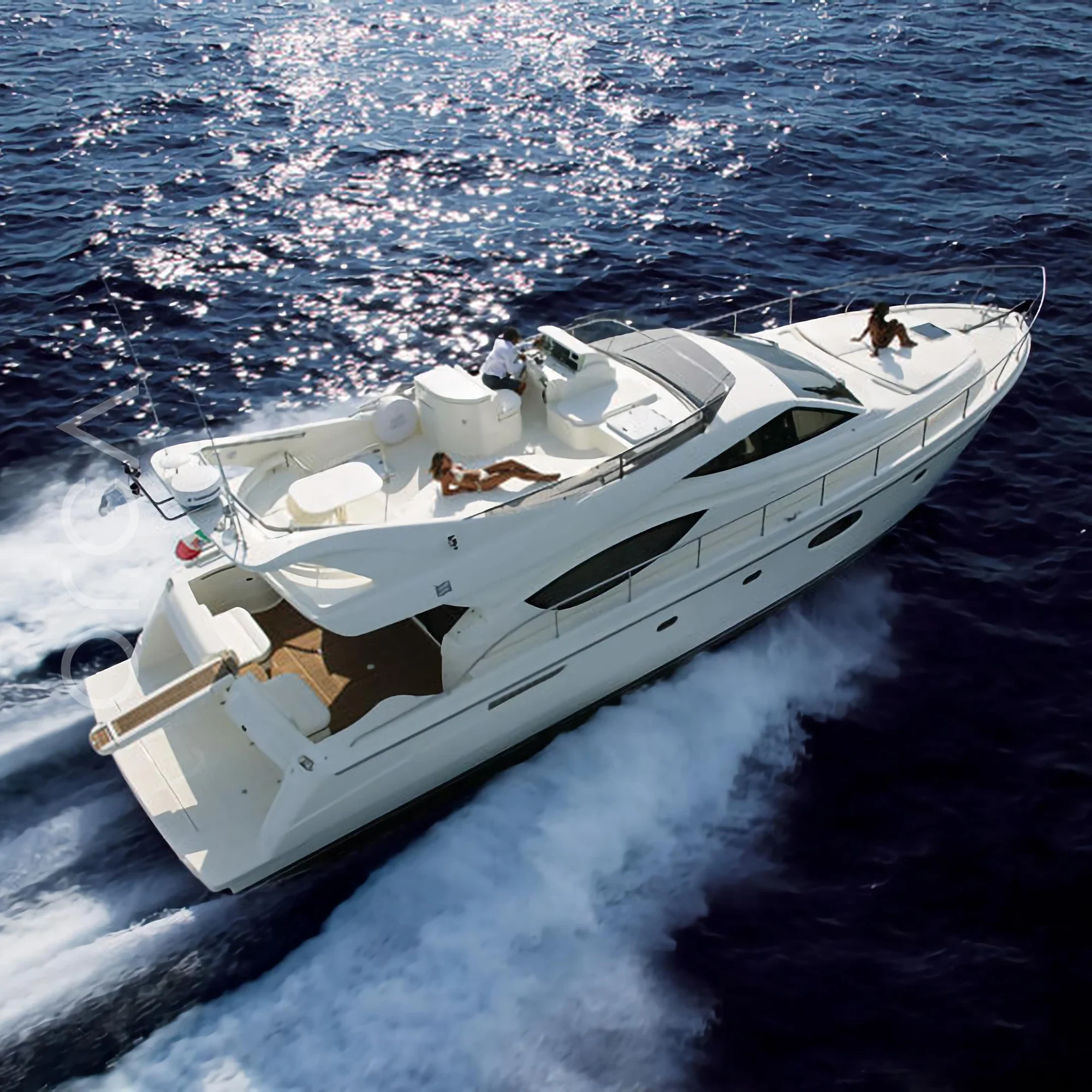 The Ferretti 550 luxury motor yacht on the water in Goa, representing the boats available to rent from Orca Sail.
