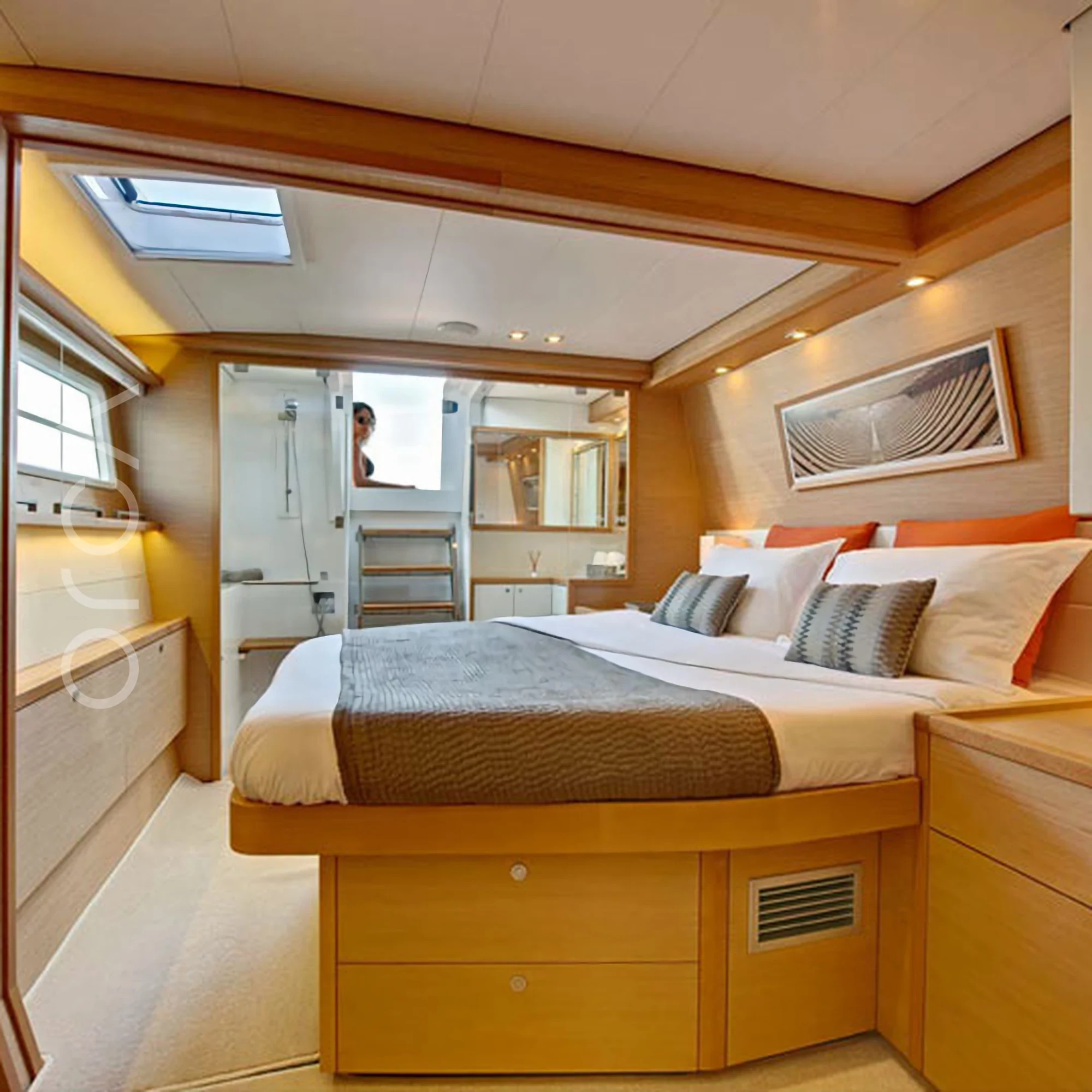 The second cabin aboard a Lagoon 560 luxury sail yacht catamaran in Mumbai, available to rent from Orca Sail.