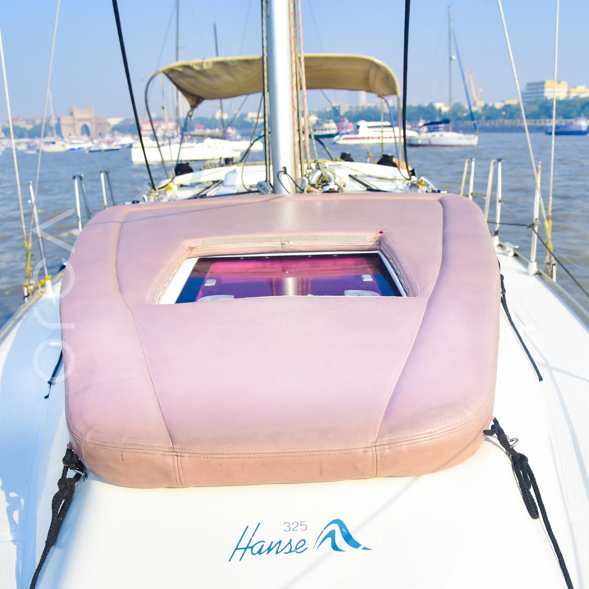 The bow deck of a Hanse 325 sail yacht in Mumbai, available to rent from Orca Sail.