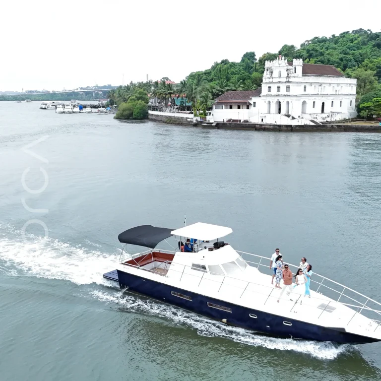 The Arc 52 cabin cruiser on the water in Goa, available to rent from Orca Sail.