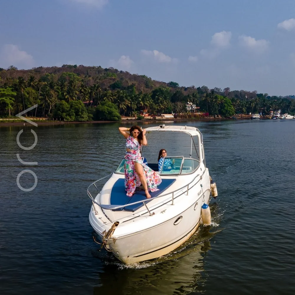 The speedboat on the water in Goa, available to rent from Orca Sail.