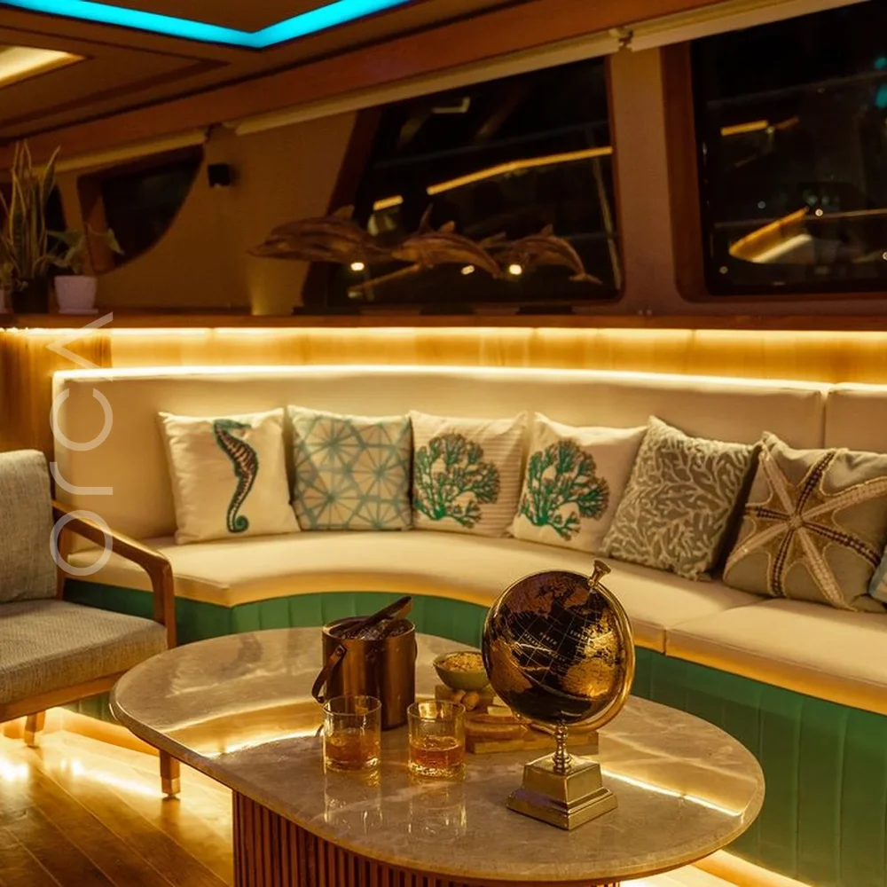 The main seating area aboard a cruise boat in Goa, available to rent from Orca Sail.