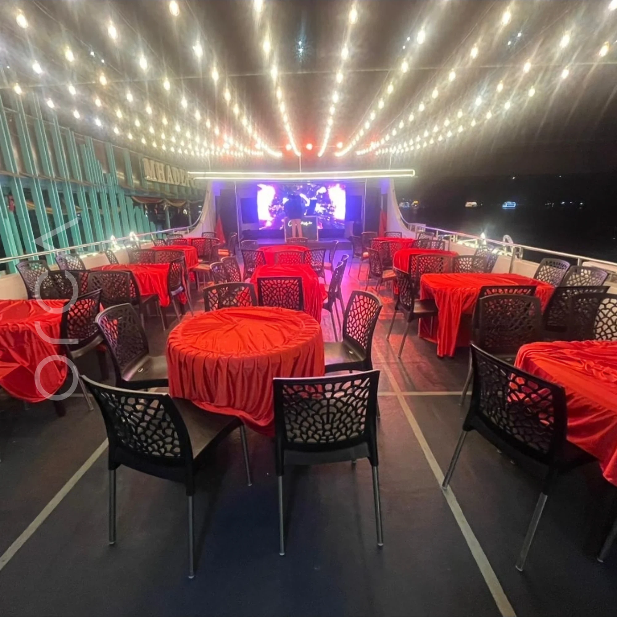 The aft deck of a cruise boat in Goa, available to rent from Orca Sail.