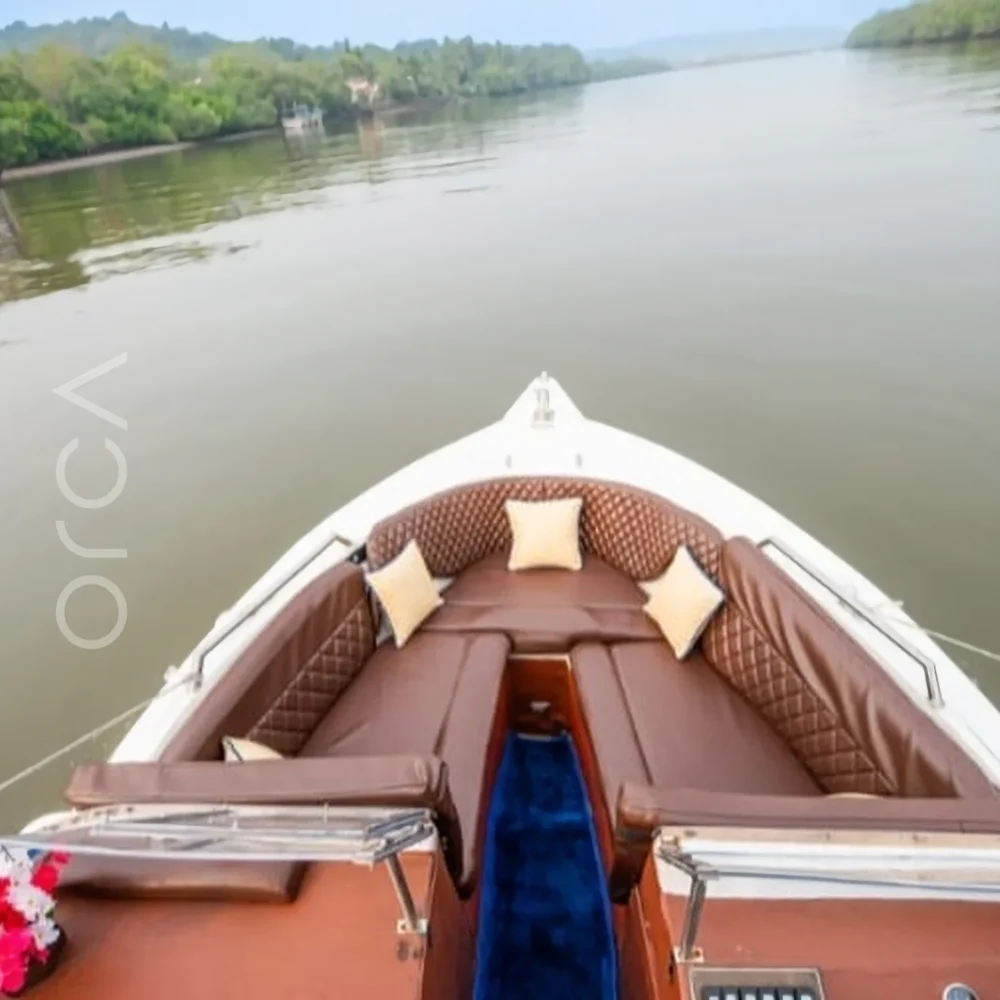 The bow deck of a speedboat in Goa, available to rent from Orca Sail.