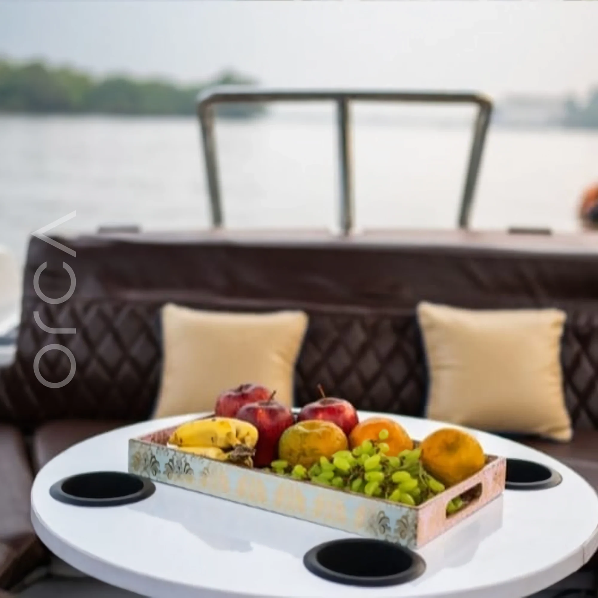 The main seating area aboard a speedboat in Goa, available to rent from Orca Sail.