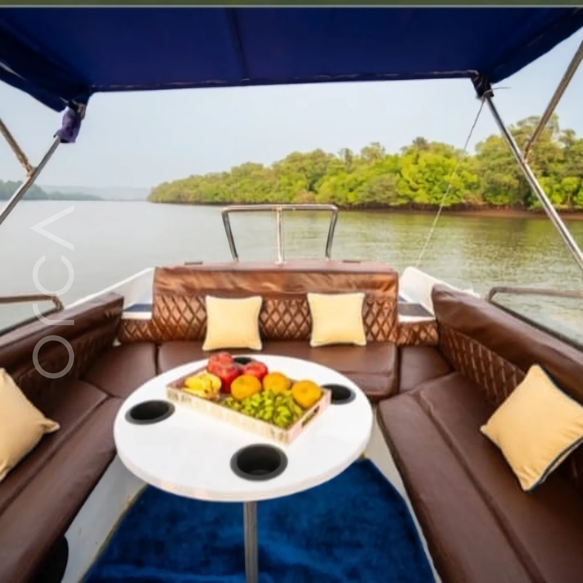The aft deck of a speedboat in Goa, available to rent from Orca Sail.