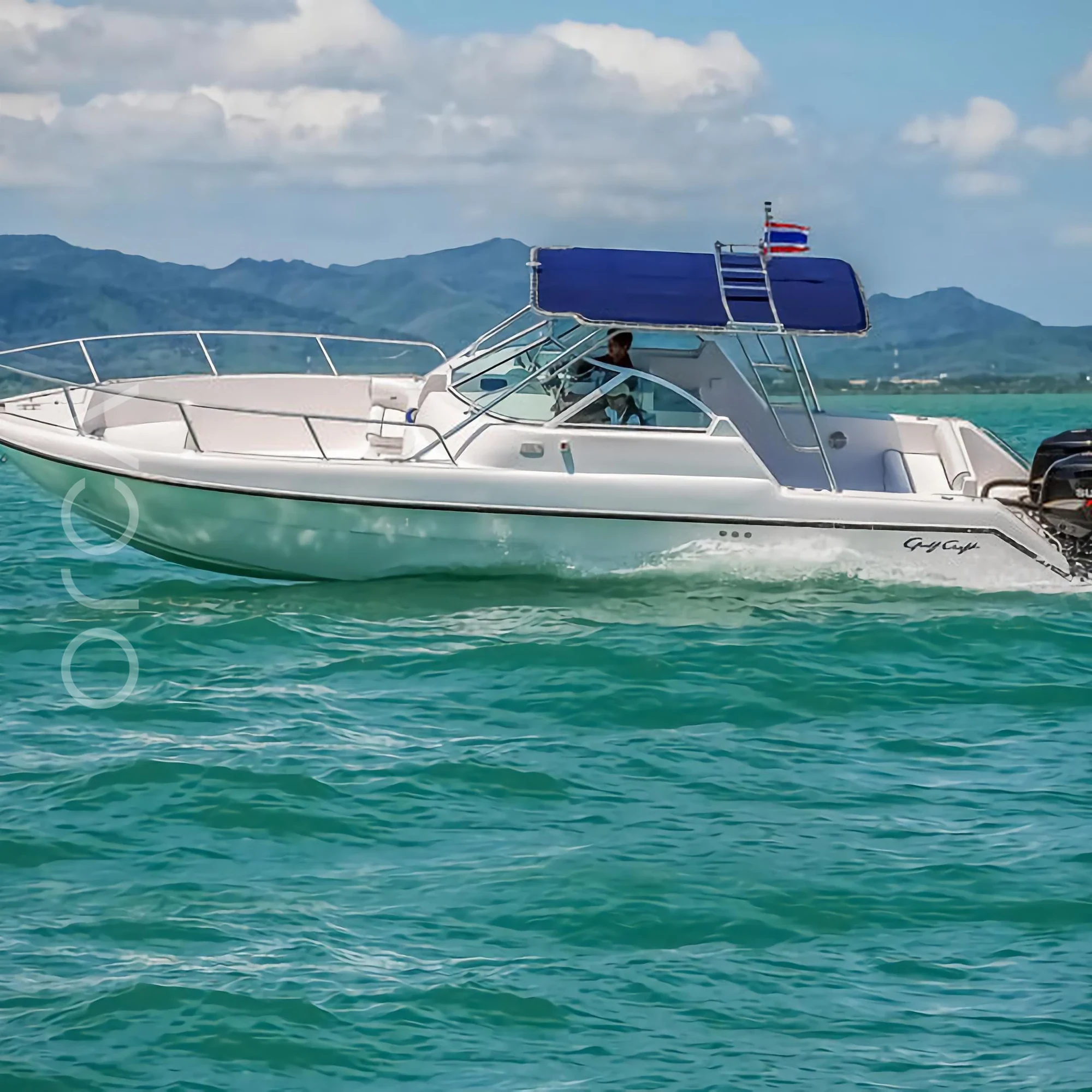 Guests aboard a Gulfcraft 31 speedboat in Goa, available to rent from Orca Sail.