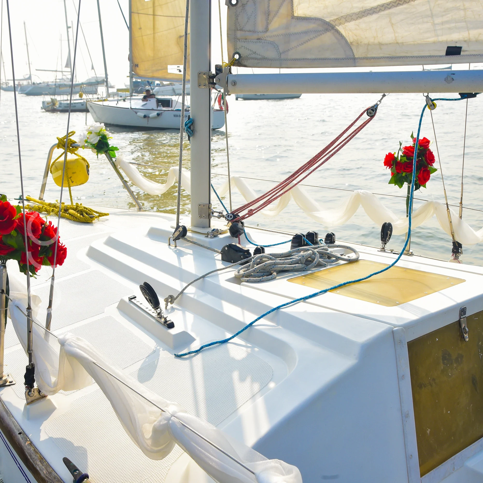 The bow deck of a XS63 sail boat in Mumbai, available to rent from Orca Sail.